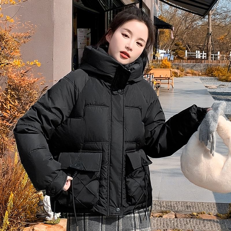 Hooded Plain Zip-Up Puffer Jacket