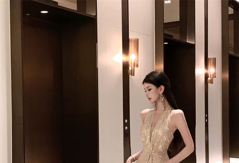 Halter Sequin Mermaid Evening Gown