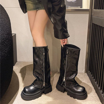 Panel Buckled Knee Platform High Boots Zip