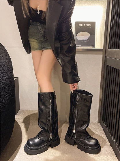 Panel Buckled Knee Platform High Boots Zip