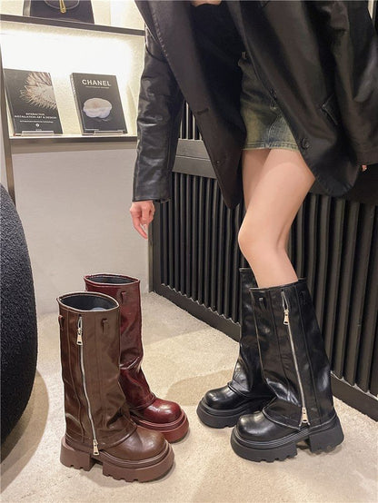 Panel Buckled Knee Platform High Boots Zip