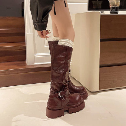 Platform Buckled Panel Knee Boots High