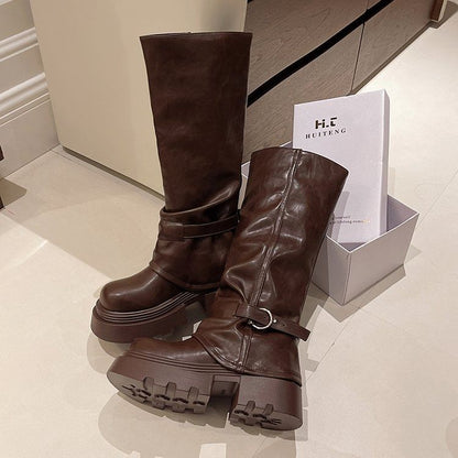 Platform Buckled Panel Knee Boots High