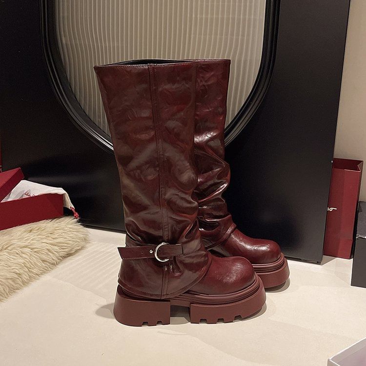 Platform Buckled Panel Knee Boots High