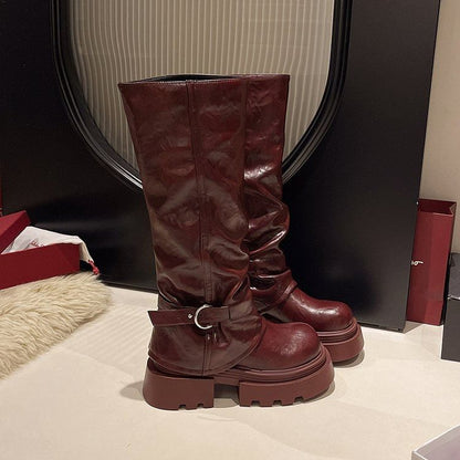 Platform Buckled Panel Knee Boots High