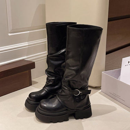Platform Buckled Panel Knee Boots High