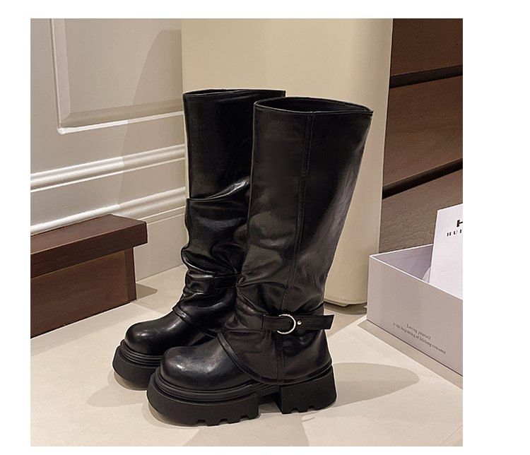 Platform Buckled Panel Knee Boots High