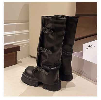 Knee Panel Boots Platform Buckled High