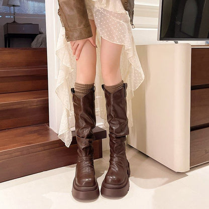 High Platform Ruched Knee Boots