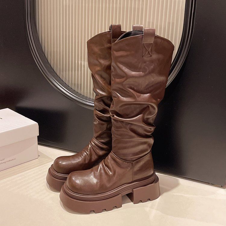 High Platform Ruched Knee Boots