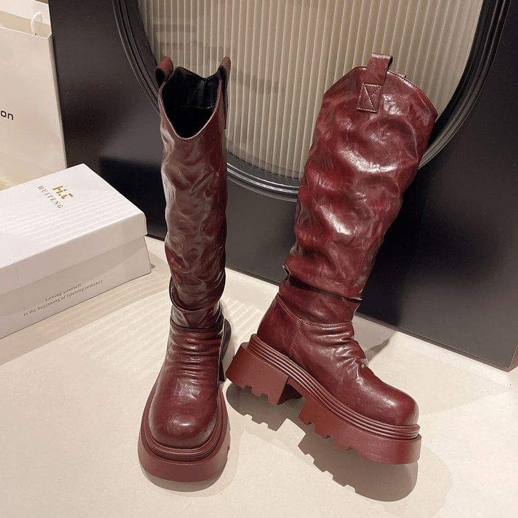 High Platform Ruched Knee Boots