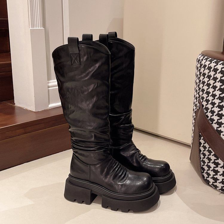 High Platform Ruched Knee Boots