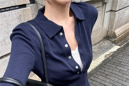 Long Sleeve Polo Collar Plain Button Up Cropped Knit Top