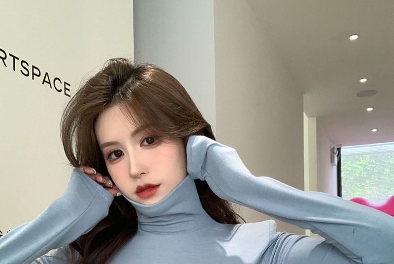 Long Sleeve Turtleneck Plain Crop Tee