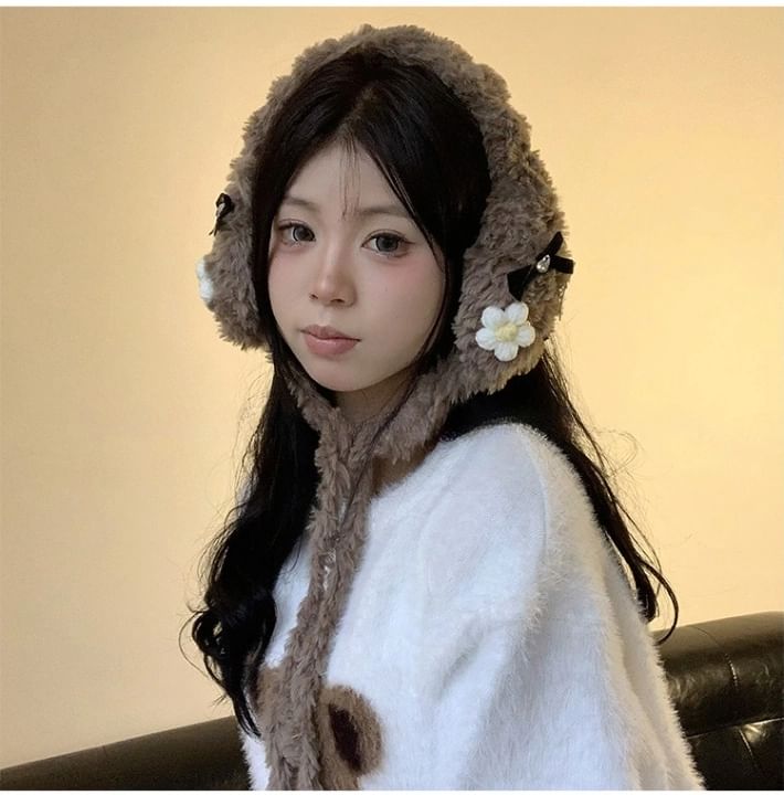 Crochet Flower Bow Fluffy Earmuffs