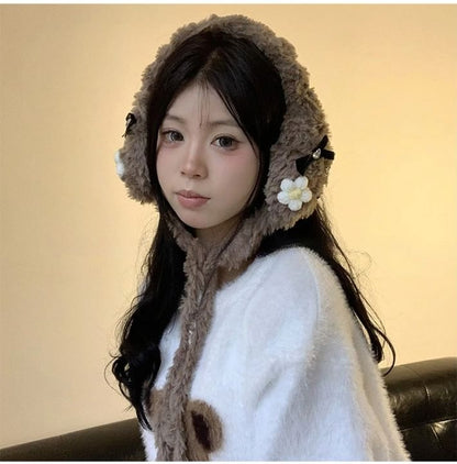 Crochet Flower Bow Fluffy Earmuffs