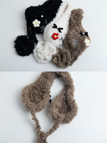 Crochet Flower Bow Fluffy Earmuffs