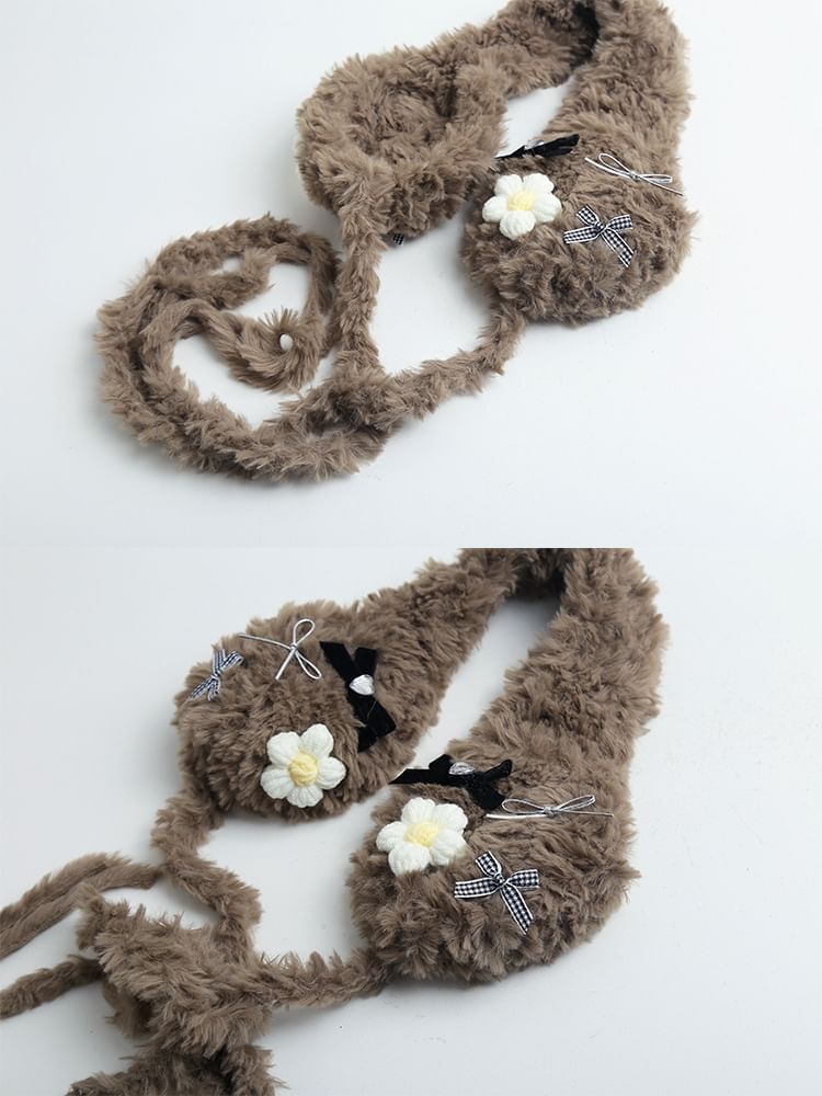 Crochet Flower Bow Fluffy Earmuffs