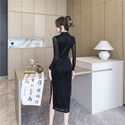 Long-Sleeve Cutout Slit Midi Qipao