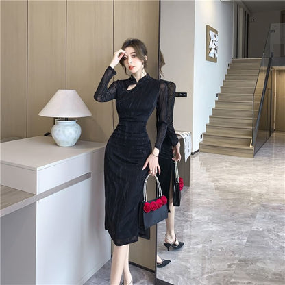 Long-Sleeve Cutout Slit Midi Qipao