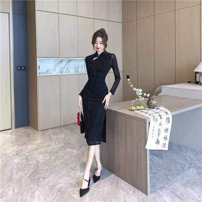 Long-Sleeve Cutout Slit Midi Qipao