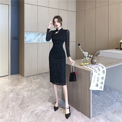 Long-Sleeve Cutout Slit Midi Qipao