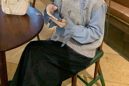 Round Neck Floral Sweater Vest / Long-Sleeve Plain Ruffle Trim Blouse