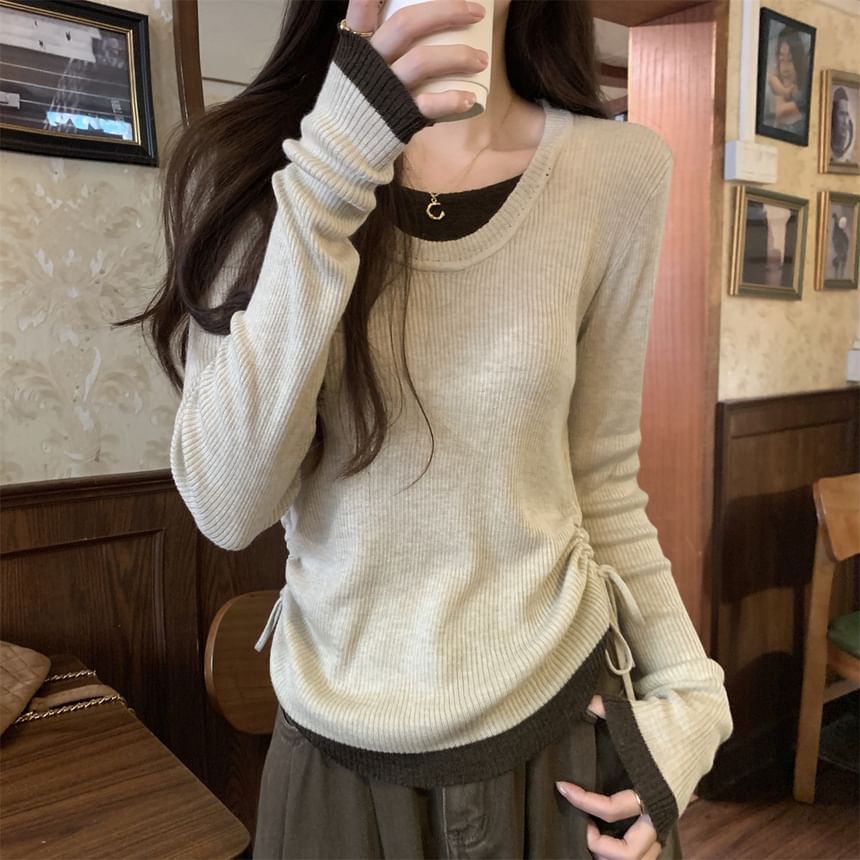 Long Sleeve Round Neck Contrast Trim Drawstring Ribbed Knit Top