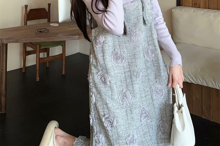 Long Sleeve Mock Neck Plain Tee / Flower Detail Midi Overall Dress