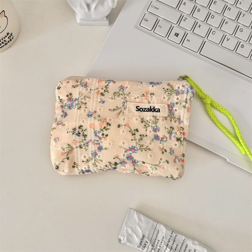 Lettering Floral Print Cosmetic Pouch