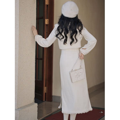 Long-Sleeve Plain Fluffy Trim Midi A-Line Qipao / Embroidered Crop Button Vest / Set