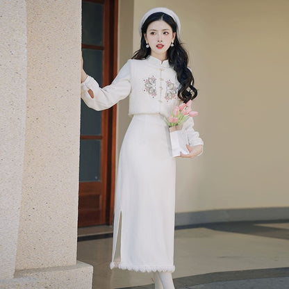 Long-Sleeve Plain Fluffy Trim Midi A-Line Qipao / Embroidered Crop Button Vest / Set