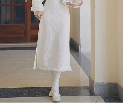 Long-Sleeve Plain Fluffy Trim Midi A-Line Qipao / Embroidered Crop Button Vest / Set