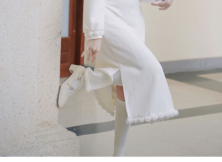 Long-Sleeve Plain Fluffy Trim Midi A-Line Qipao / Embroidered Crop Button Vest / Set