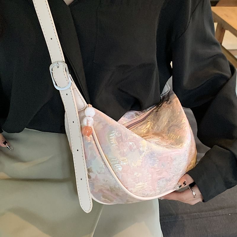 Faux Leather Jacquard Hobo Bag