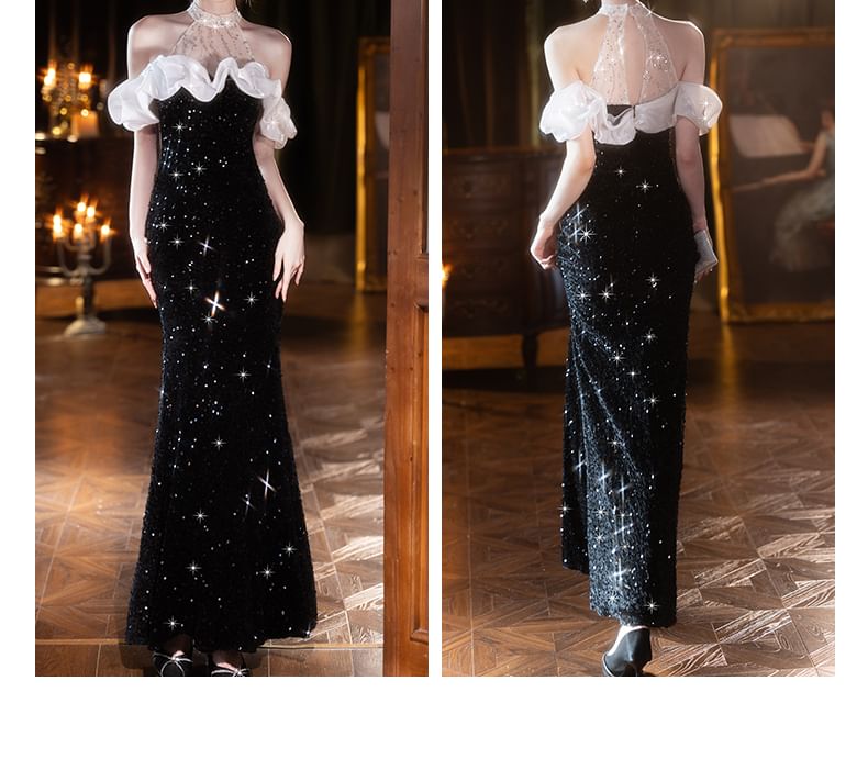 Short-Sleeve Cold Shoulder Sequin Mermaid Evening Gown