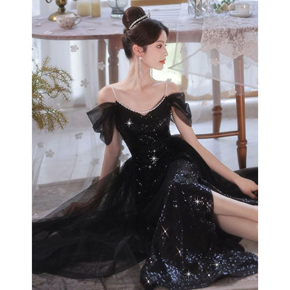 Short-Sleeve Cold Shoulder Sequin Maxi Mermaid Gown