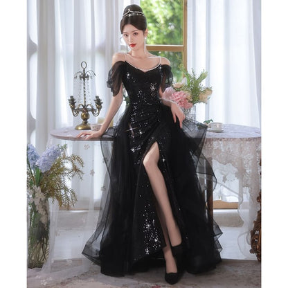 Short-Sleeve Cold Shoulder Sequin Maxi Mermaid Gown