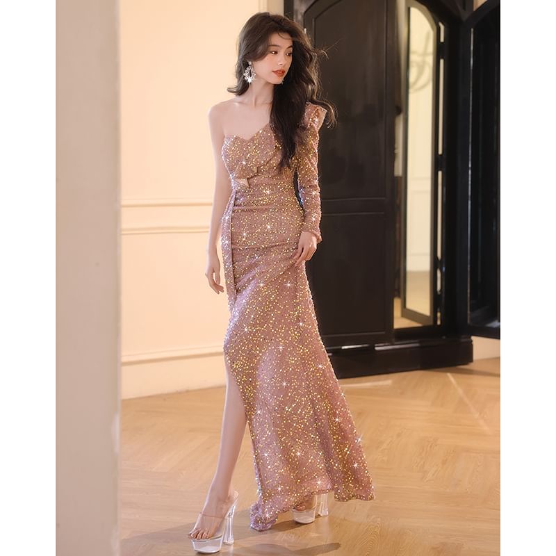 One-Sleeve Sequin Sheath Evening Gown