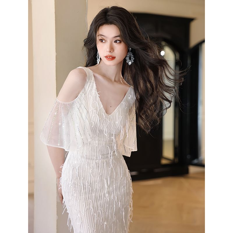 Elbow-Sleeve Cold Shoulder V-Neck Fringed Mermaid Evening Gown