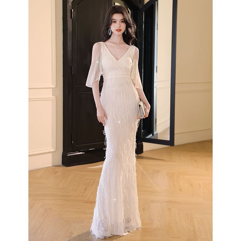 Elbow-Sleeve Cold Shoulder V-Neck Fringed Mermaid Evening Gown