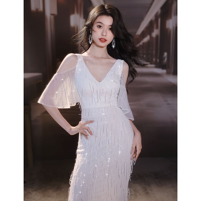 Elbow-Sleeve Cold Shoulder V-Neck Fringed Mermaid Evening Gown