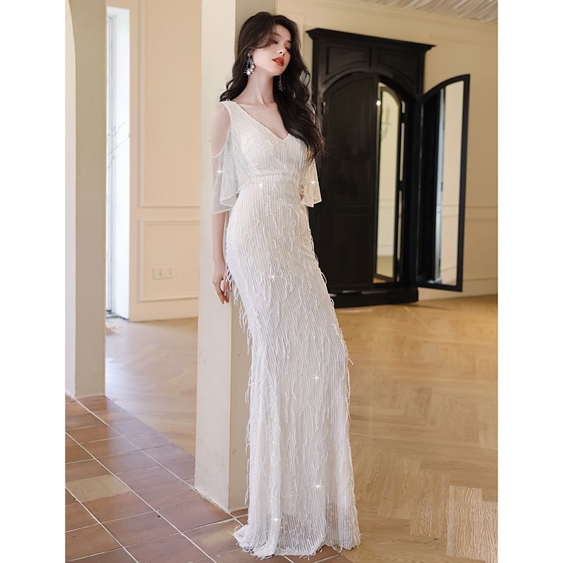 Elbow-Sleeve Cold Shoulder V-Neck Fringed Mermaid Evening Gown