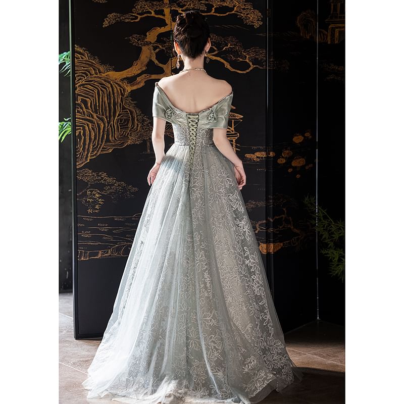 Short-Sleeve V-Neck Mesh A-Line Evening Ball Gown