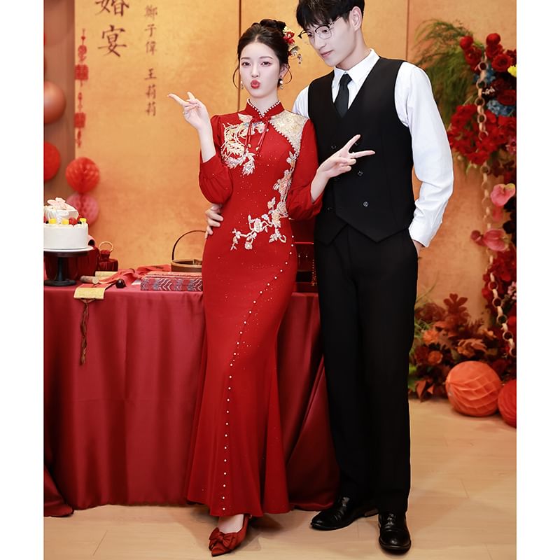 Long-Sleeve Embroidered Traditional Chinese Mermaid Cheongsam