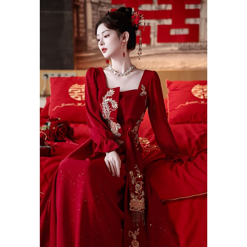 Long-Sleeve Square Neck Embroidered A-Line Evening Gown