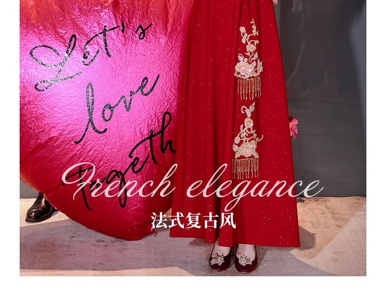 Long-Sleeve Square Neck Embroidered A-Line Evening Gown