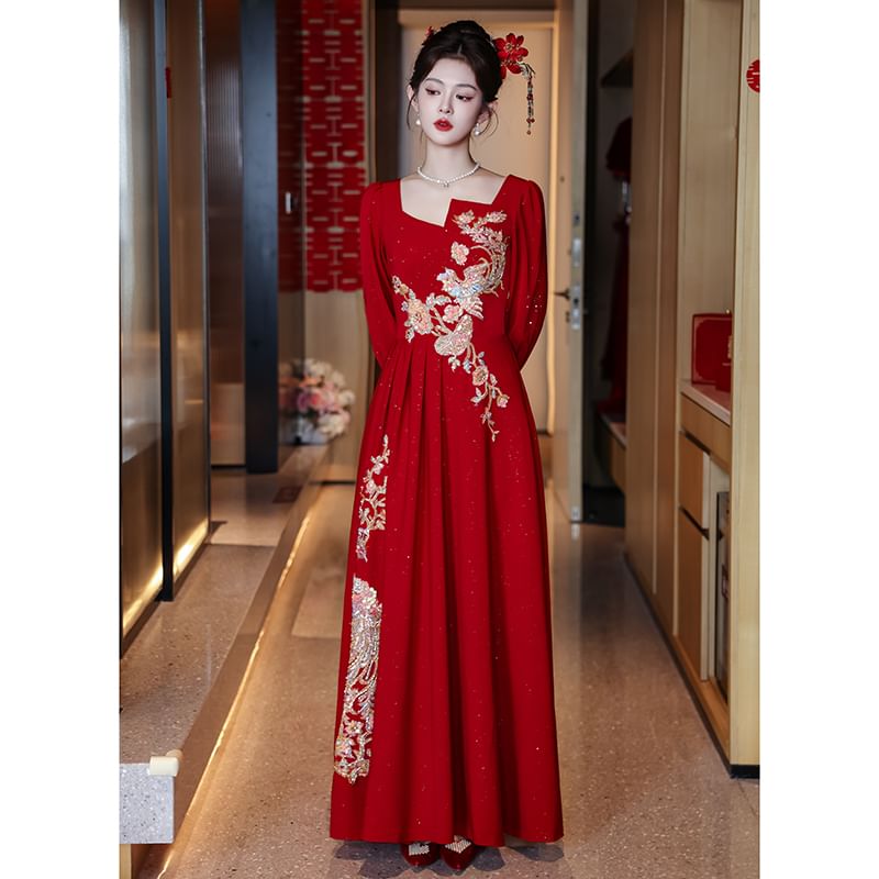 Long-Sleeve Square Neck Embroidered A-Line Evening Gown