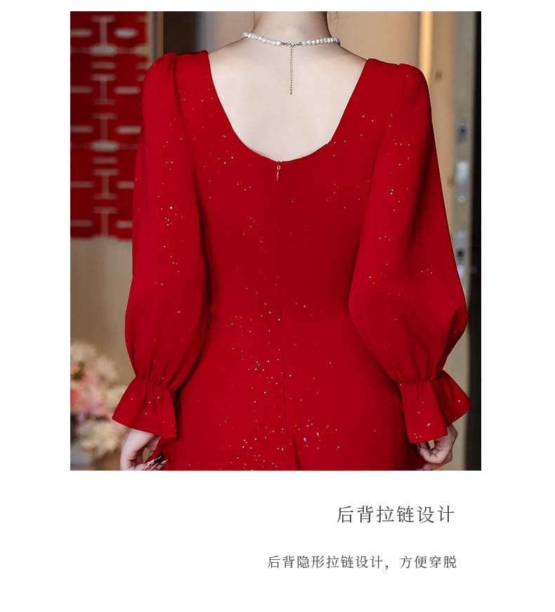 Long-Sleeve Square Neck Embroidered A-Line Evening Gown