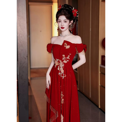 Off Shoulder Embroidered Asymmetrical A-Line Evening Gown